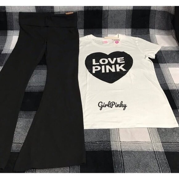 victoria secret PINK flare foldover leggings WITH LOGO TEE SIZE MEDIUM - Picture 2 of 9